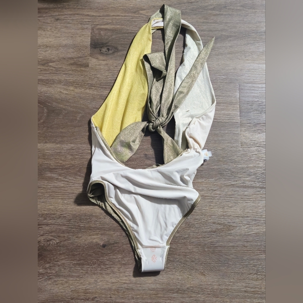 NWT PQ SWIM Alex Tricolor Halter One Piece Swimsuit Metallic Green Gold M - Picture 8 of 10